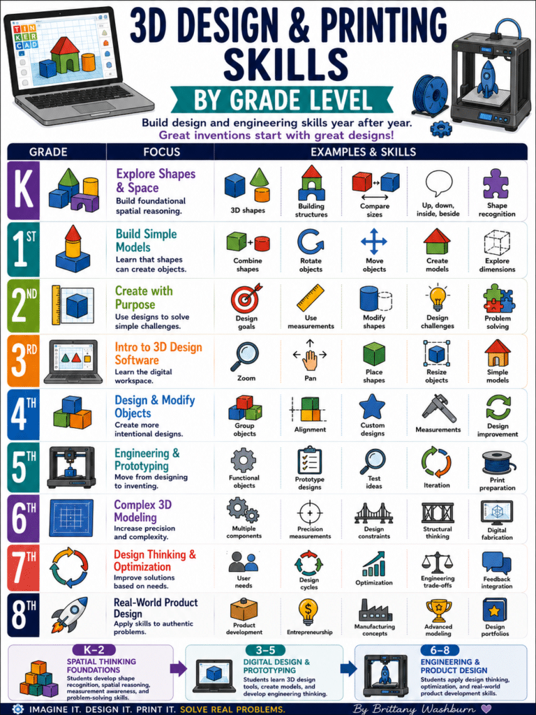 3D printing skills progression for grades K-8