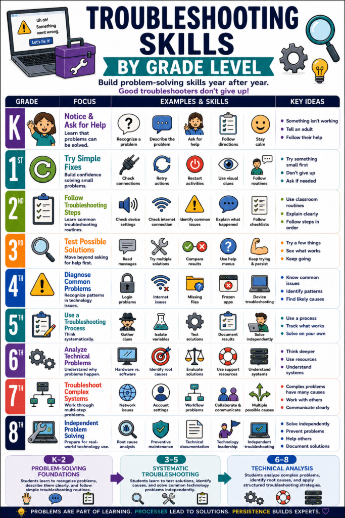 technology troubleshooting skills progression for grades K-8